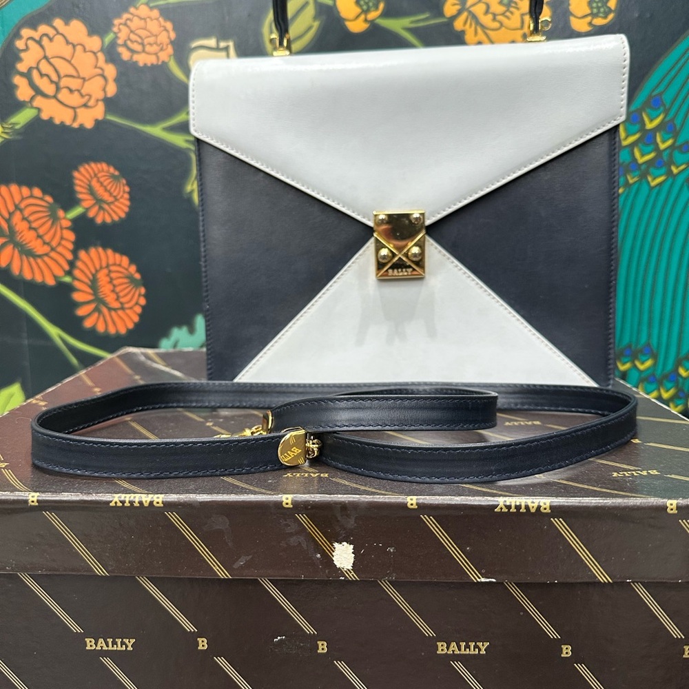 Bally Vintage 1980s Dark Navy & White Leather Top Handle Bag w/ Box, Xbody Strap - Picture 12 of 13